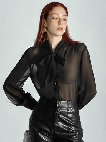 Modichic Sexy Minimalist Semi-Sheer V-Neck Tie Collar Ribbon Button Down Long Sleeve