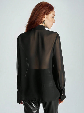 Modichic Sexy Minimalist Semi-Sheer V-Neck Tie Collar Ribbon Button Down Long Sleeve