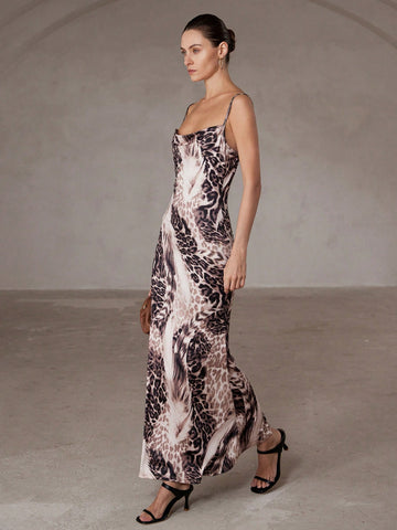 Aveloria Modichic Sexy & Elegant Draped Neck Sling Asymmetric Leopard Print Contrast Color Peplum Dress For Women