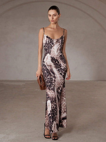 Aveloria Modichic Sexy & Elegant Draped Neck Sling Asymmetric Leopard Print Contrast Color Peplum Dress For Women