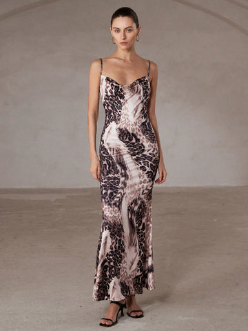 Aveloria Modichic Sexy & Elegant Draped Neck Sling Asymmetric Leopard Print Contrast Color Peplum Dress For Women