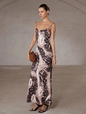 Aveloria Modichic Sexy & Elegant Draped Neck Sling Asymmetric Leopard Print Contrast Color Peplum Dress For Women