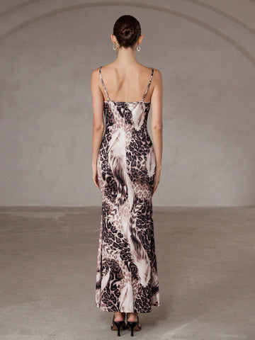 Aveloria Modichic Sexy & Elegant Draped Neck Sling Asymmetric Leopard Print Contrast Color Peplum Dress For Women