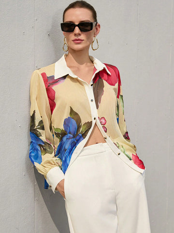 Aveloria Modichic Sexy & Romantic Deep Tone Vivid Red & Blue Floral Print Button-Down Collar Semi-Sheer Long Sleeve Mid-Length Chiffon Blouse For Women