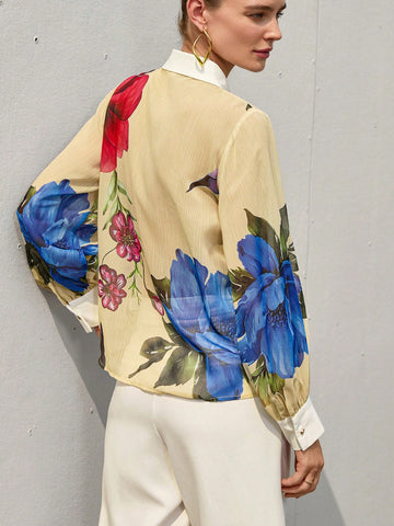 Aveloria Modichic Sexy & Romantic Deep Tone Vivid Red & Blue Floral Print Button-Down Collar Semi-Sheer Long Sleeve Mid-Length Chiffon Blouse For Women