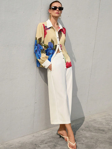 Aveloria Modichic Sexy & Romantic Deep Tone Vivid Red & Blue Floral Print Button-Down Collar Semi-Sheer Long Sleeve Mid-Length Chiffon Blouse For Women