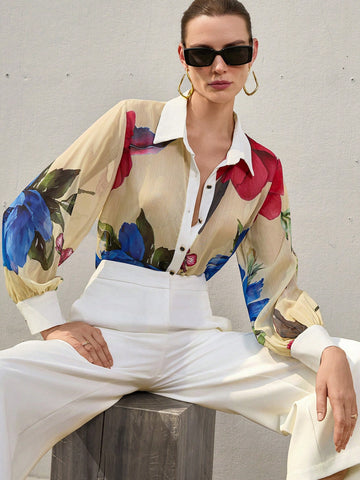 Aveloria Modichic Sexy & Romantic Deep Tone Vivid Red & Blue Floral Print Button-Down Collar Semi-Sheer Long Sleeve Mid-Length Chiffon Blouse For Women