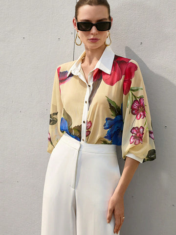 Aveloria Modichic Sexy & Romantic Deep Tone Vivid Red & Blue Floral Print Button-Down Collar Semi-Sheer Long Sleeve Mid-Length Chiffon Blouse For Women