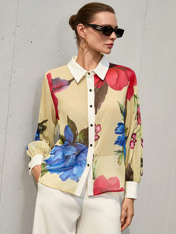 Aveloria Modichic Sexy & Romantic Deep Tone Vivid Red & Blue Floral Print Button-Down Collar Semi-Sheer Long Sleeve Mid-Length Chiffon Blouse For Women