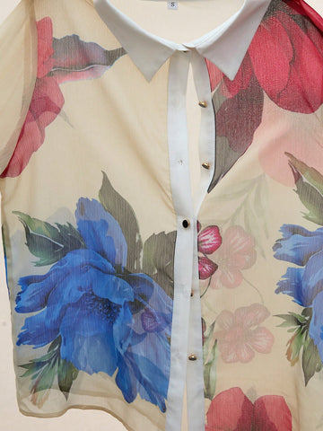 Aveloria Modichic Sexy & Romantic Deep Tone Vivid Red & Blue Floral Print Button-Down Collar Semi-Sheer Long Sleeve Mid-Length Chiffon Blouse For Women