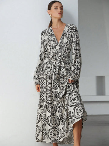 Aveloria Modichic South French Vacation Bohemian V-Neck Tie-Belt Waist Print Long Sleeve Dress For Women, Spring Apparel