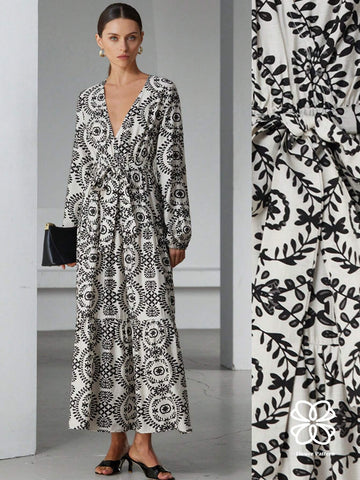 Aveloria Modichic South French Vacation Bohemian V-Neck Tie-Belt Waist Print Long Sleeve Dress For Women, Spring Apparel