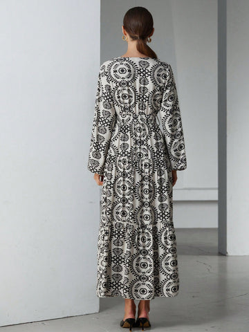 Aveloria Modichic South French Vacation Bohemian V-Neck Tie-Belt Waist Print Long Sleeve Dress For Women, Spring Apparel