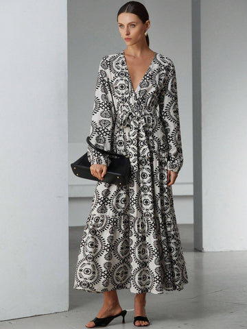 Aveloria Modichic South French Vacation Bohemian V-Neck Tie-Belt Waist Print Long Sleeve Dress For Women, Spring Apparel