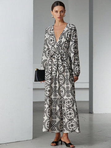 Aveloria Modichic South French Vacation Bohemian V-Neck Tie-Belt Waist Print Long Sleeve Dress For Women, Spring Apparel