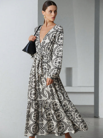 Aveloria Modichic South French Vacation Bohemian V-Neck Tie-Belt Waist Print Long Sleeve Dress For Women, Spring Apparel