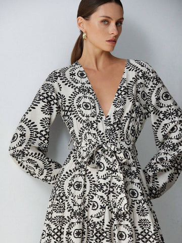 Aveloria Modichic South French Vacation Bohemian V-Neck Tie-Belt Waist Print Long Sleeve Dress For Women, Spring Apparel