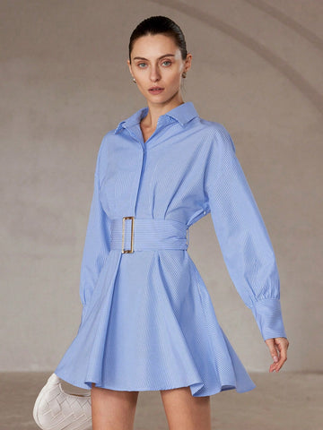 Aveloria Modichic Square Buckle Cinched Waist Striped Long Sleeve Shirt Dress For Women