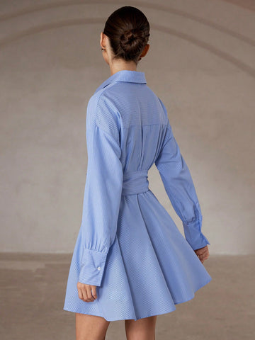 Aveloria Modichic Square Buckle Cinched Waist Striped Long Sleeve Shirt Dress For Women