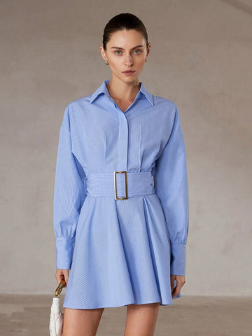 Aveloria Modichic Square Buckle Cinched Waist Striped Long Sleeve Shirt Dress For Women