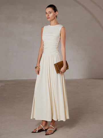 Aveloria Modichic White Minimalist Elegant Ruched Crew Neck Sleeveless Dress