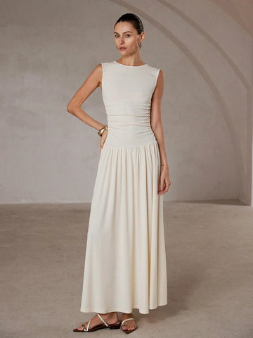 Aveloria Modichic White Minimalist Elegant Ruched Crew Neck Sleeveless Dress