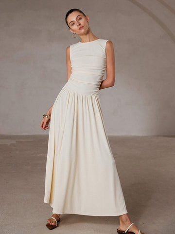 Aveloria Modichic White Minimalist Elegant Ruched Crew Neck Sleeveless Dress