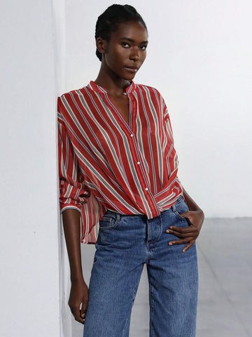 Aveloria Modichic Women Casual Button-Down Long Sleeve Striped Shirt, Everyday Wear