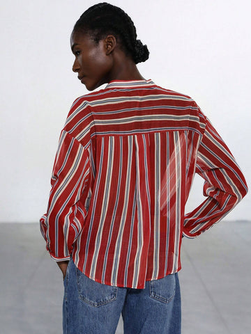 Aveloria Modichic Women Casual Button-Down Long Sleeve Striped Shirt, Everyday Wear