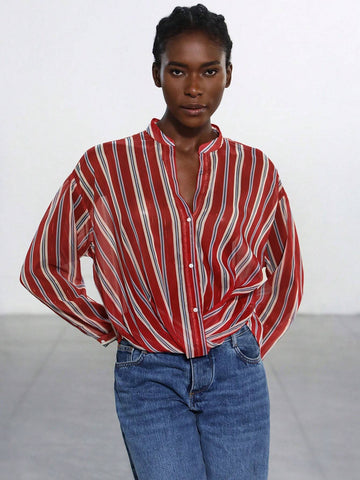 Aveloria Modichic Women Casual Button-Down Long Sleeve Striped Shirt, Everyday Wear