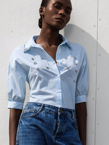 Modichic Women Casual Commuter Versatile Handcrafted Studded Collar Puff Sleeve Loose Front Opening Shirt