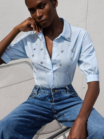 Modichic Women Casual Commuter Versatile Handcrafted Studded Collar Puff Sleeve Loose Front Opening Shirt