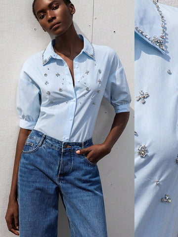 Modichic Women Casual Commuter Versatile Handcrafted Studded Collar Puff Sleeve Loose Front Opening Shirt