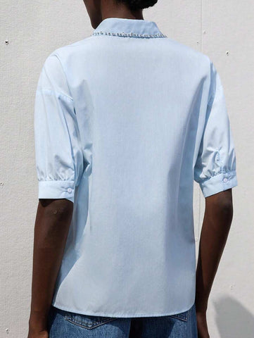 Aveloria Modichic Women Casual Commuter Versatile Handcrafted Studded Collar Puff Sleeve Loose Front Opening Shirt