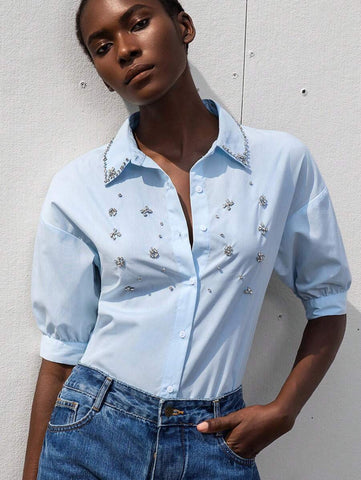Aveloria Modichic Women Casual Commuter Versatile Handcrafted Studded Collar Puff Sleeve Loose Front Opening Shirt