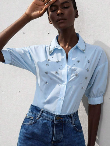 Aveloria Modichic Women Casual Commuter Versatile Handcrafted Studded Collar Puff Sleeve Loose Front Opening Shirt