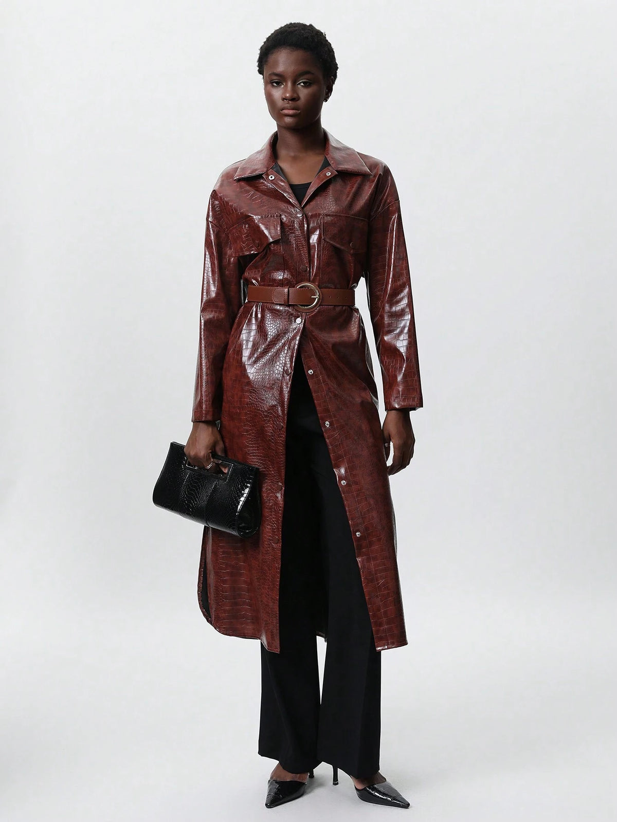 Aveloria Modichic Women Faux Leather Shirt Collar Split Hem Long Sleeve Dress, Autumn/Winter