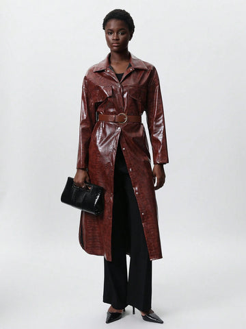 Aveloria Modichic Women Faux Leather Shirt Collar Split Hem Long Sleeve Dress, Autumn/Winter