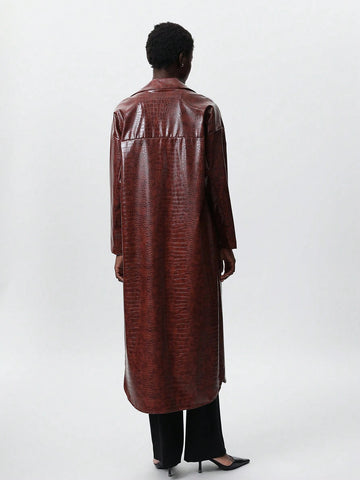 Aveloria Modichic Women Faux Leather Shirt Collar Split Hem Long Sleeve Dress, Autumn/Winter