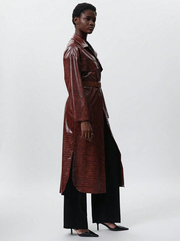 Aveloria Modichic Women Faux Leather Shirt Collar Split Hem Long Sleeve Dress, Autumn/Winter