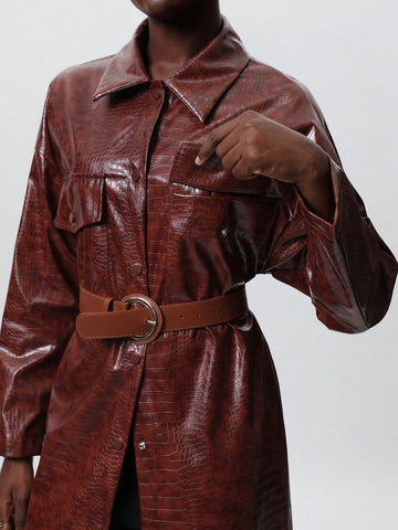 Aveloria Modichic Women Faux Leather Shirt Collar Split Hem Long Sleeve Dress, Autumn/Winter