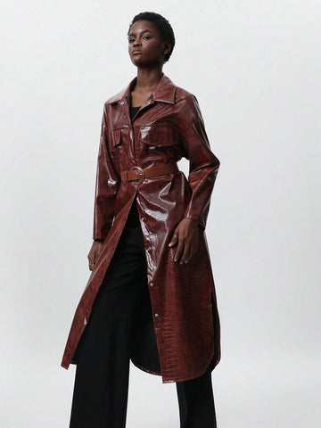 Aveloria Modichic Women Faux Leather Shirt Collar Split Hem Long Sleeve Dress, Autumn/Winter