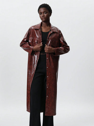 Aveloria Modichic Women Faux Leather Shirt Collar Split Hem Long Sleeve Dress, Autumn/Winter