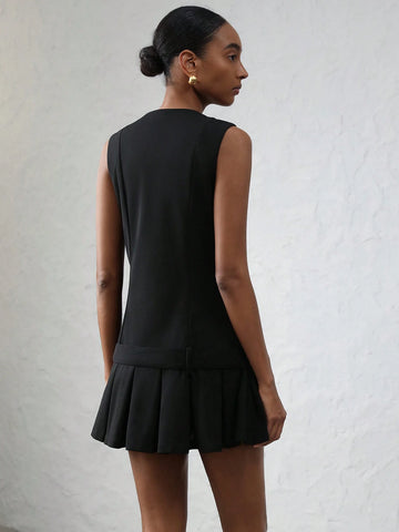 Aveloria Modichic Women French Single-Breasted Pleated Buckle Belted Sleeveless Dress