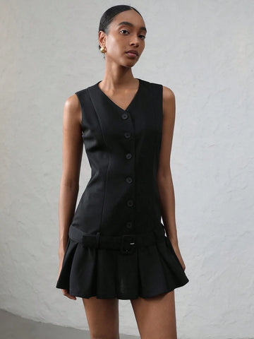 Aveloria Modichic Women French Single-Breasted Pleated Buckle Belted Sleeveless Dress