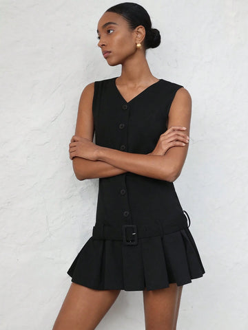 Aveloria Modichic Women French Single-Breasted Pleated Buckle Belted Sleeveless Dress