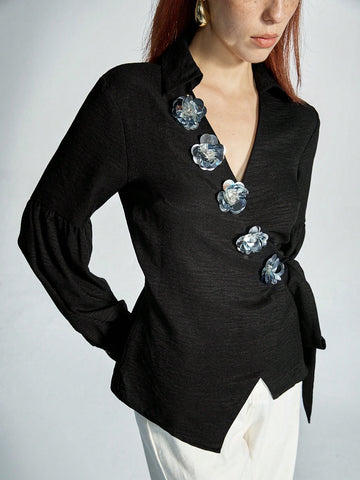 Modichic Women's 3D Sequins Flower Decor Side Tie Lantern Sleeve Blouse