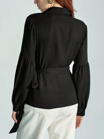 Modichic Women's 3D Sequins Flower Decor Side Tie Lantern Sleeve Blouse