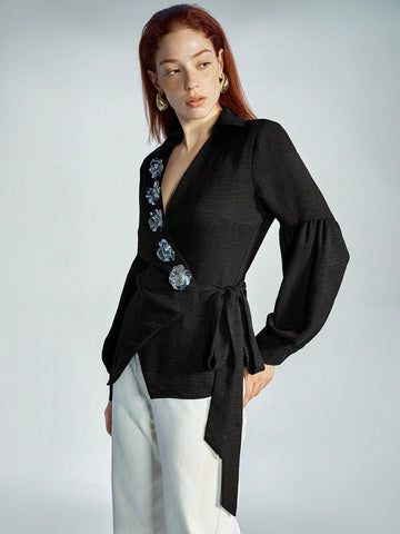Modichic Women's 3D Sequins Flower Decor Side Tie Lantern Sleeve Blouse