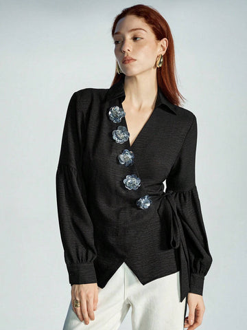 Modichic Women's 3D Sequins Flower Decor Side Tie Lantern Sleeve Blouse